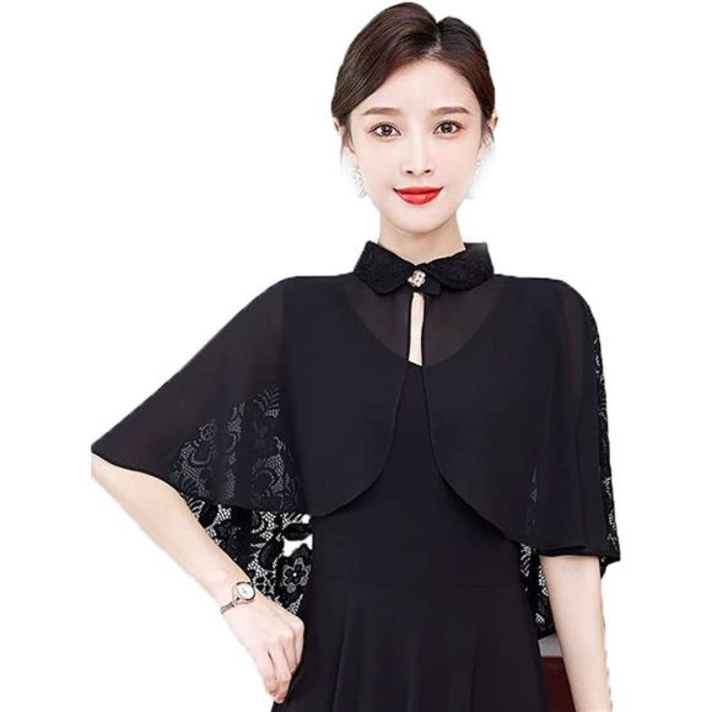 Chiffon Lace Shawls And Wraps Black1